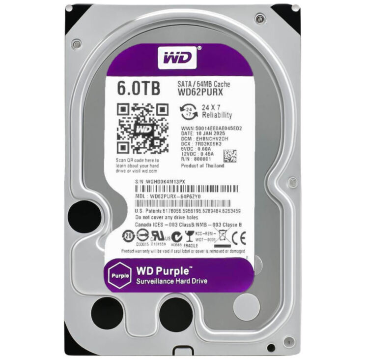 Жесткий диск HDD 3.5 Western Digital Purple SATA 6Тб внутренний (восстановленный)